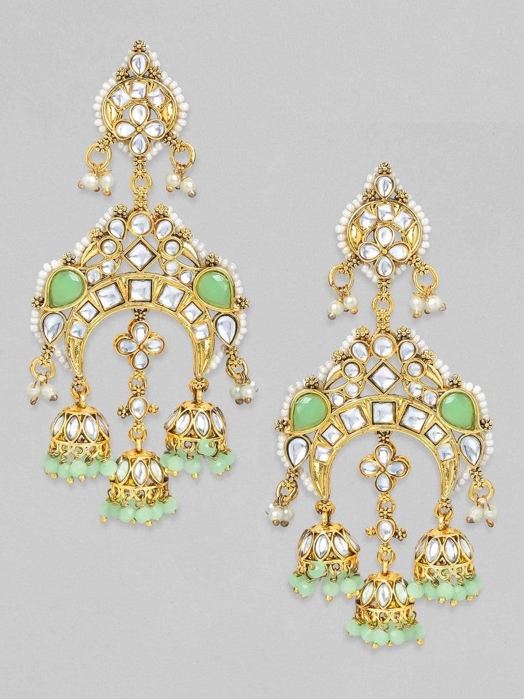 Rubans Gold Plated Handcrafted Green Beads and Studs Chandbali Earrings - Indiakreations