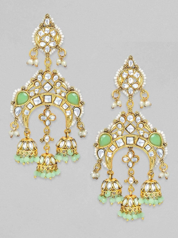 Rubans Gold Plated Handcrafted Green Beads and Studs Chandbali Earrings - Indiakreations