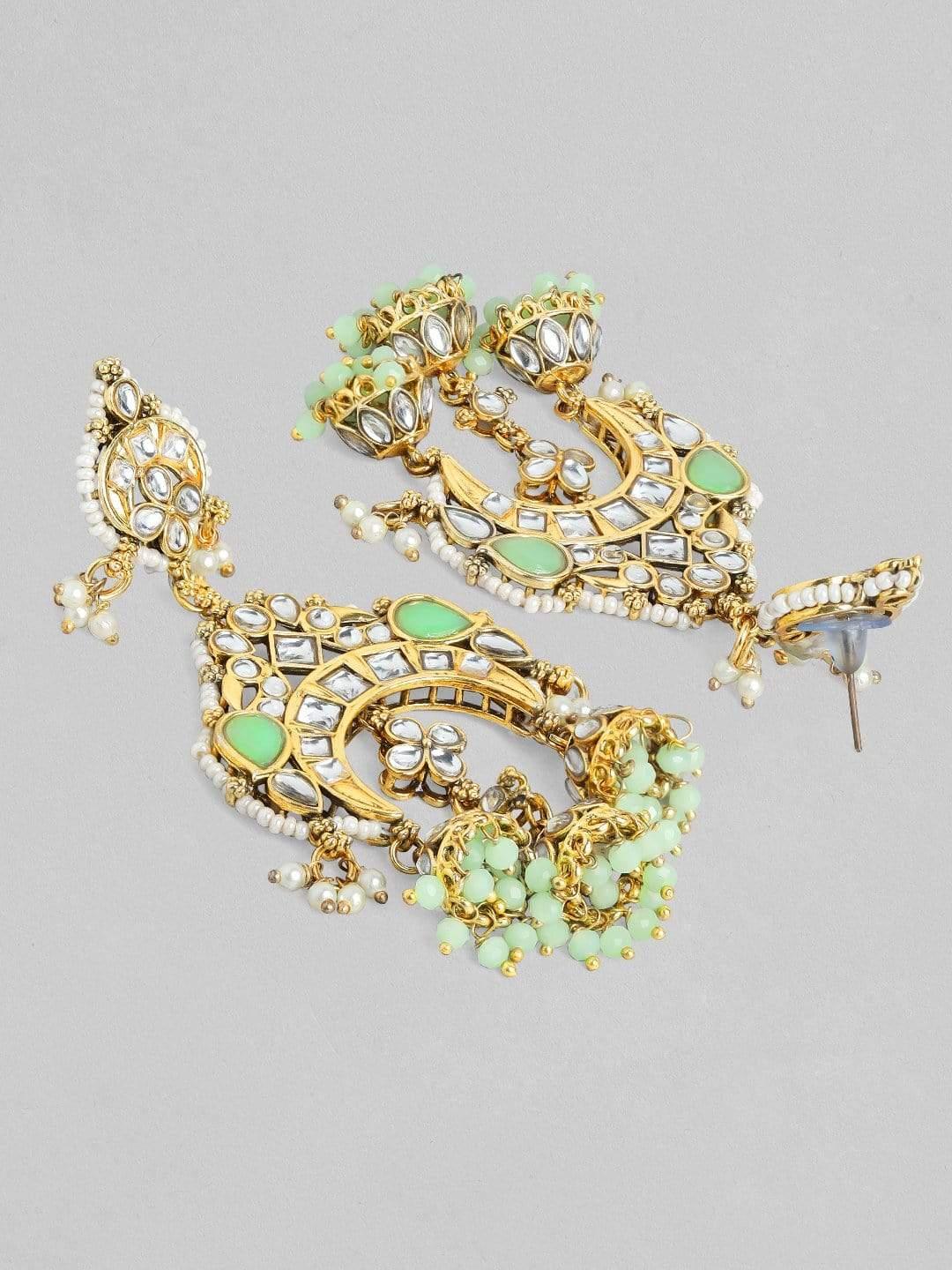 Rubans Gold Plated Handcrafted Green Beads and Studs Chandbali Earrings - Indiakreations