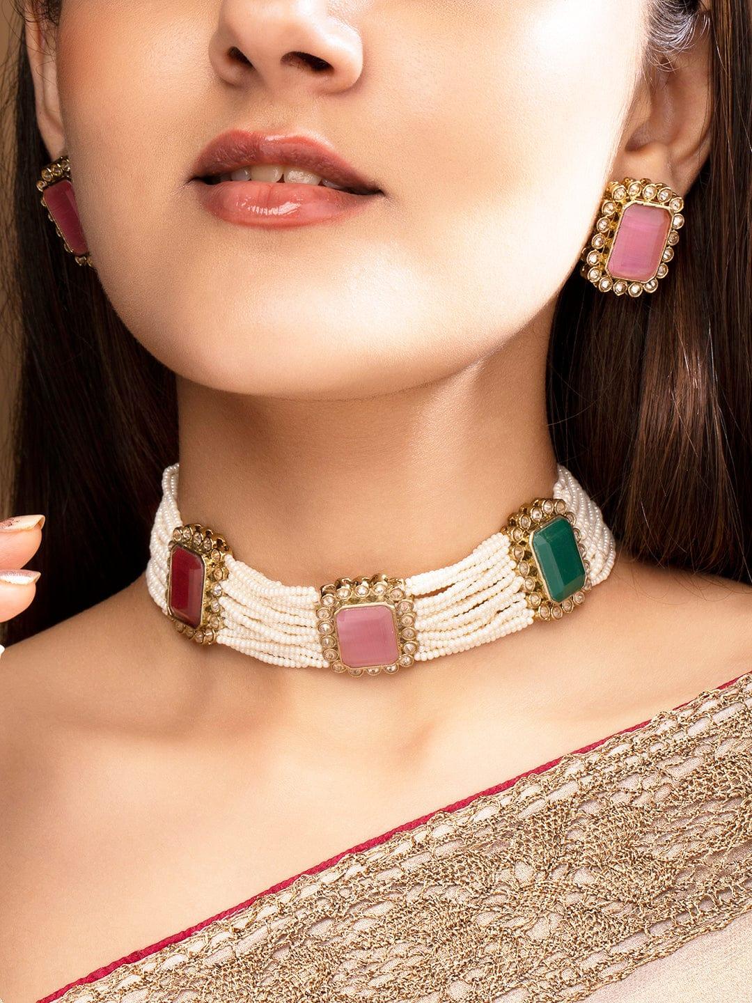 Rubans Gold Toned Choker Necklace Set With White Multilayered Beads. - Indiakreations