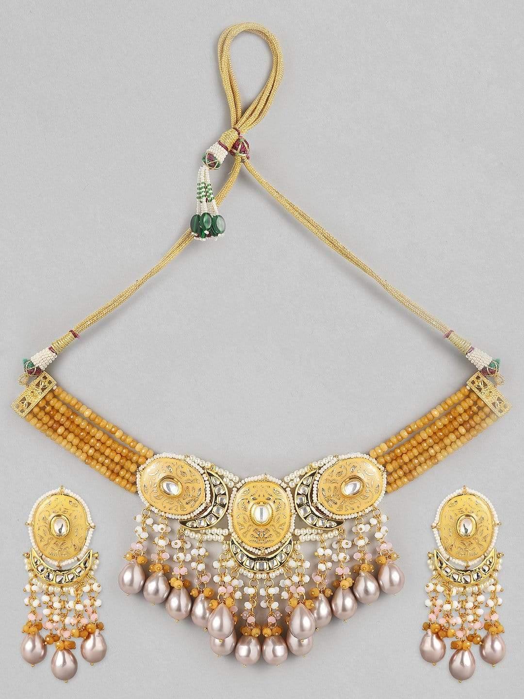 Rubans Luxury 24K Gold Plated Handcrafted Enamel & Pachi Kundan with Pearls Choker Set - Indiakreations