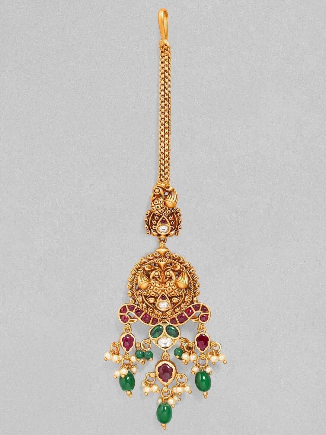 Rubans LUXURY Gold-Plated Pink & Green Ruby Studded & Beaded Handcrafted Maang Tikka - Indiakreations