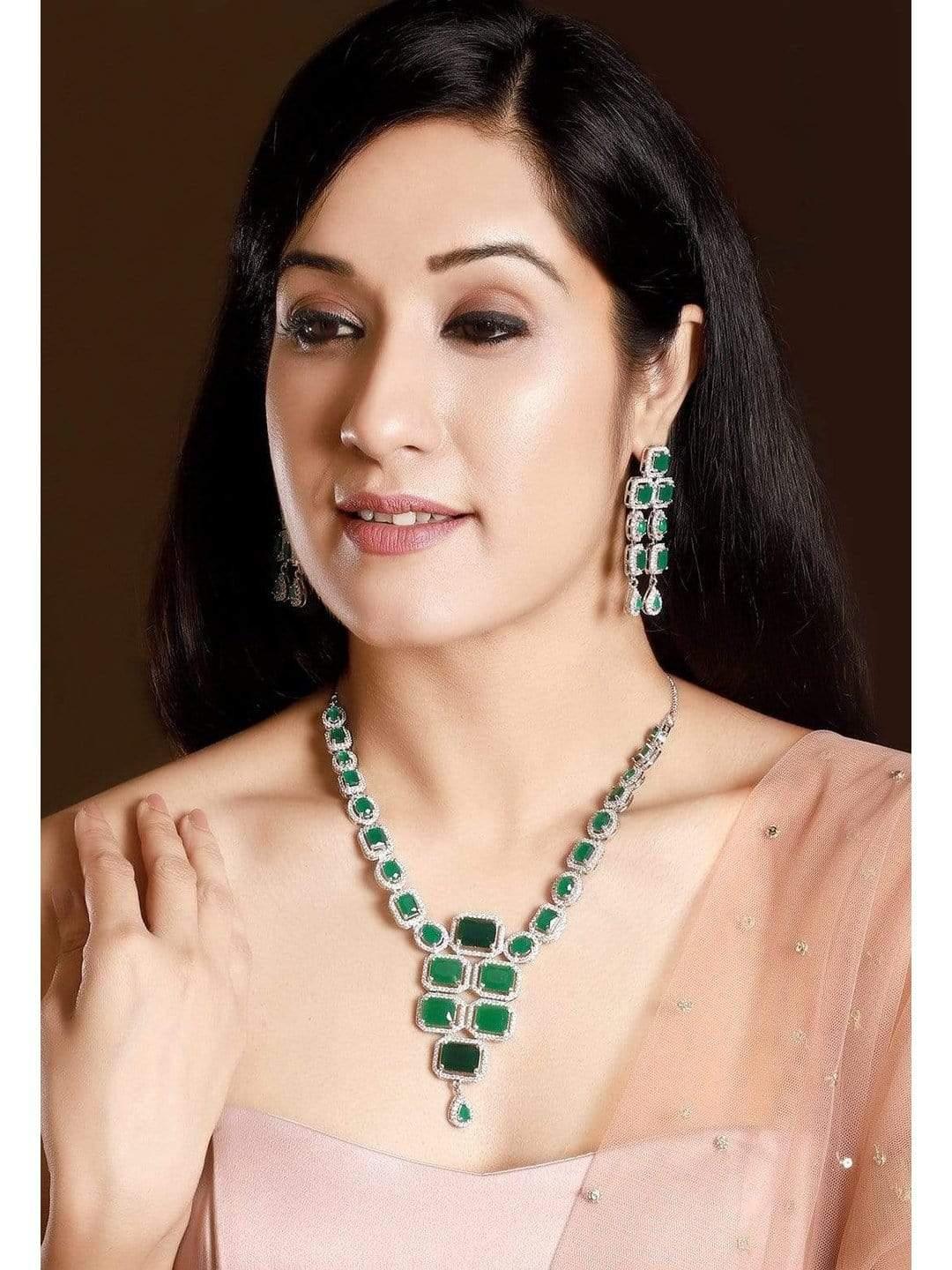 Rubans LUXURY Silver-Plated Green Stone Studded Emerald Handcrafted Statement Necklace Set - Indiakreations