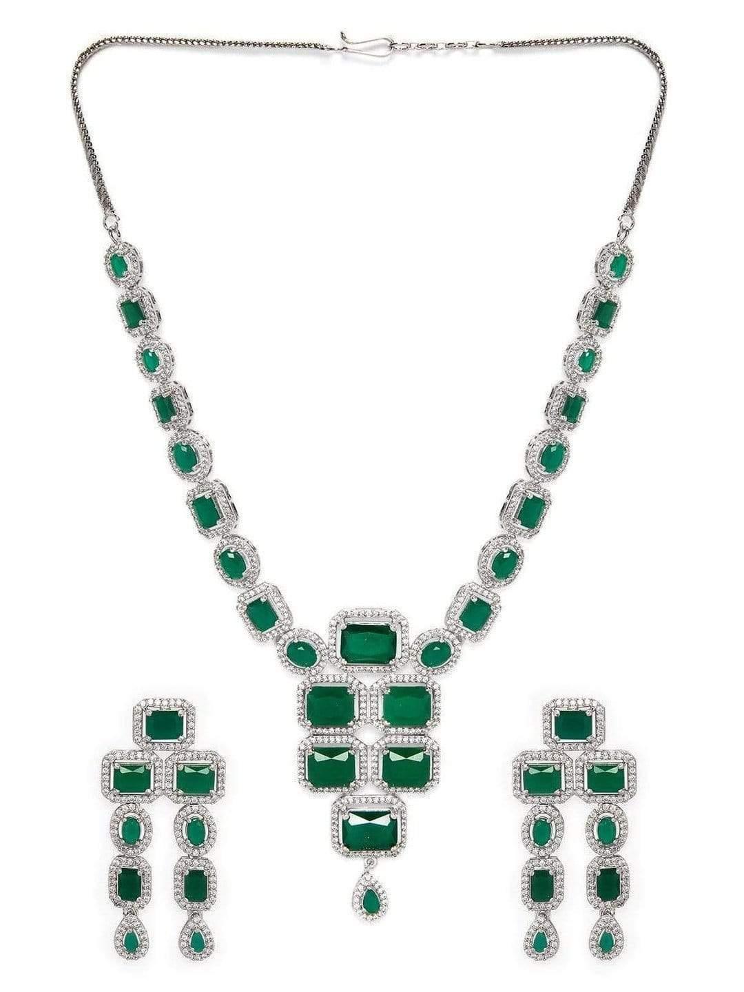 Rubans LUXURY Silver-Plated Green Stone Studded Emerald Handcrafted Statement Necklace Set - Indiakreations