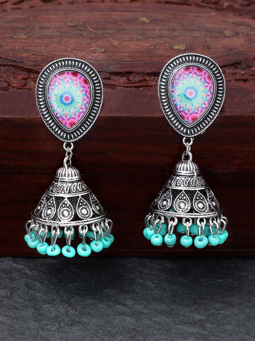 Rubans Silver Plated Oxidised Handcrafted Enamel Jhumka Earrings - Indiakreations