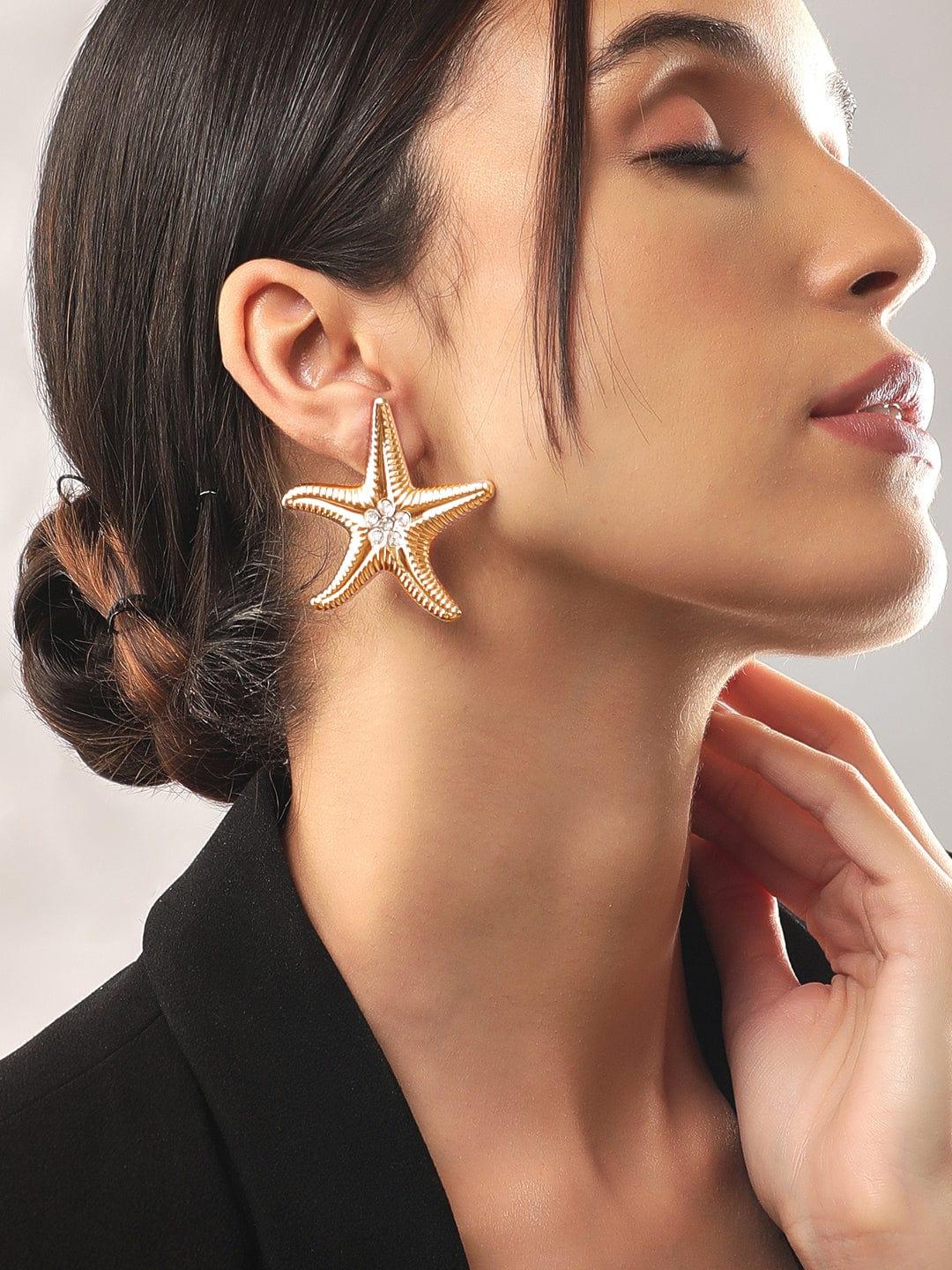 Rubans Voguish 18k Gold-Plated Zircon Studded Star Shaped Studs Earrings - Indiakreations