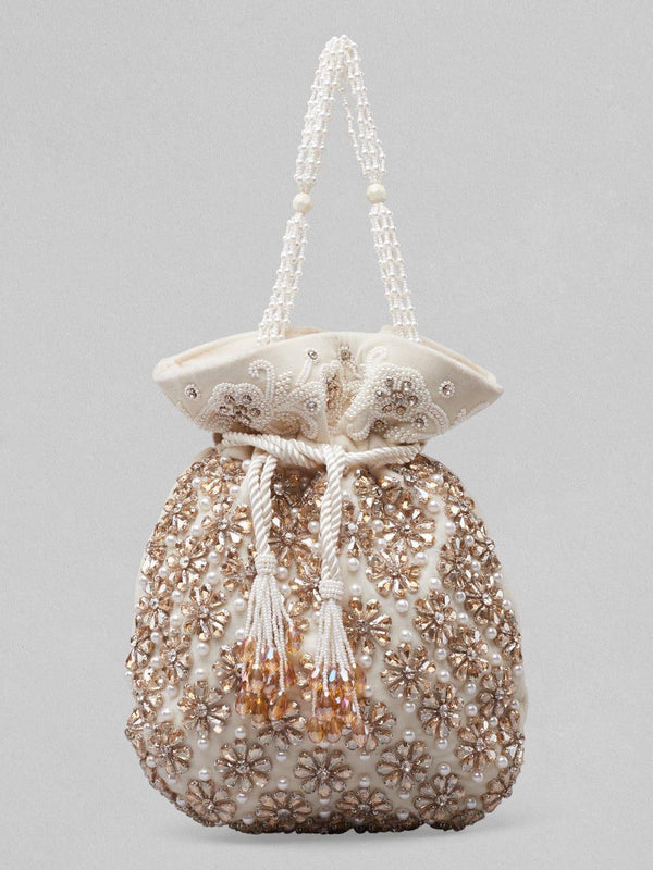 Rubans White And Golden Coloured Potli Bag With Embroided Design And Pearls. - Indiakreations
