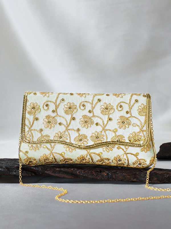 Rubans White And Golden Embroidered Hand Bag - Indiakreations