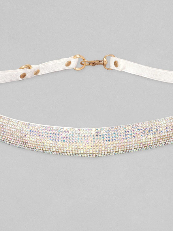 Rubans White Crystal Studded Adjustable Fabric Belt. - Indiakreations