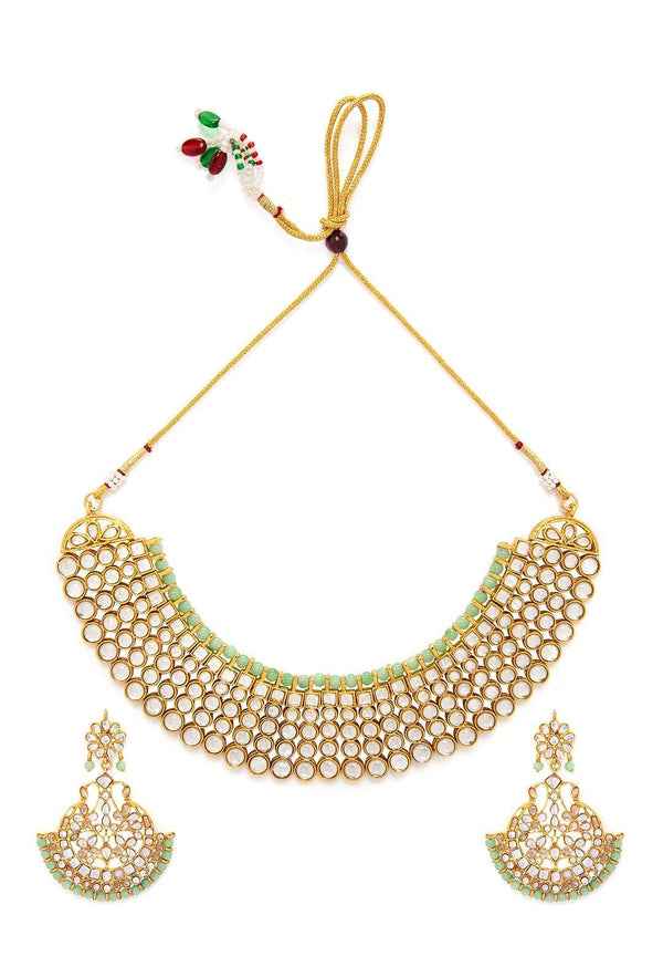 Rubans White Green Gold-Plated Kundan Studded Jewellery Set - Indiakreations