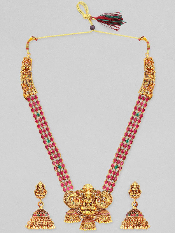 Rubans Women Gold-Plated & Green Faux Ruby Studded Handcrafted Jewellery Set - Indiakreations
