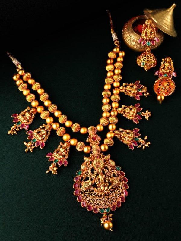 Rubans Women Gold-Plated Pink & Blue Stone Studded Handcrafted Temple Jewellery Set - Indiakreations