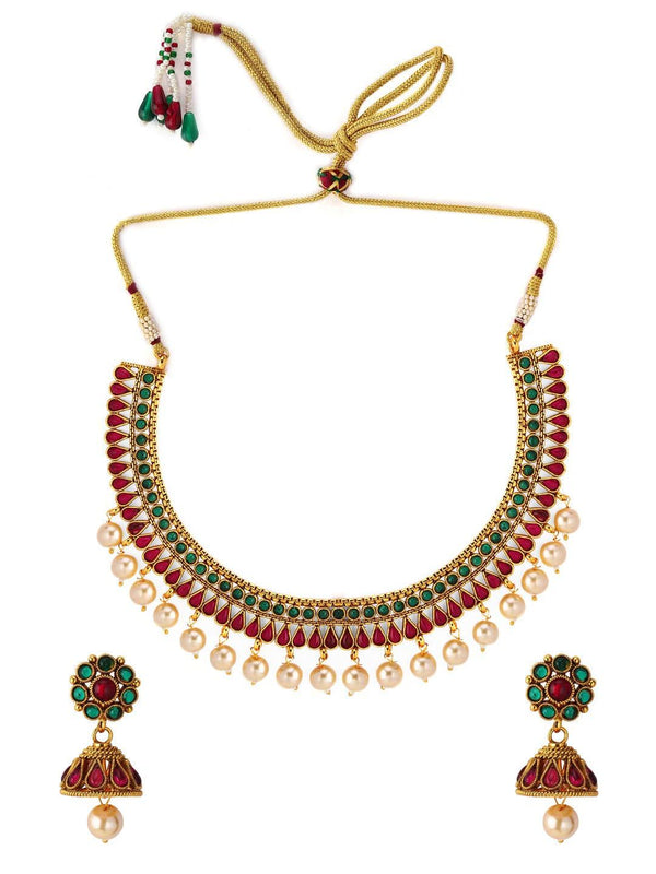 Rubans Women Gold-Plated Red Handcrafted Embellished Temple Jewellery Set - Indiakreations
