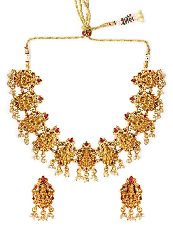 Rubans Women Gold-Plated Red Stone Studded Handcrafted Temple Jewellery Set - Indiakreations