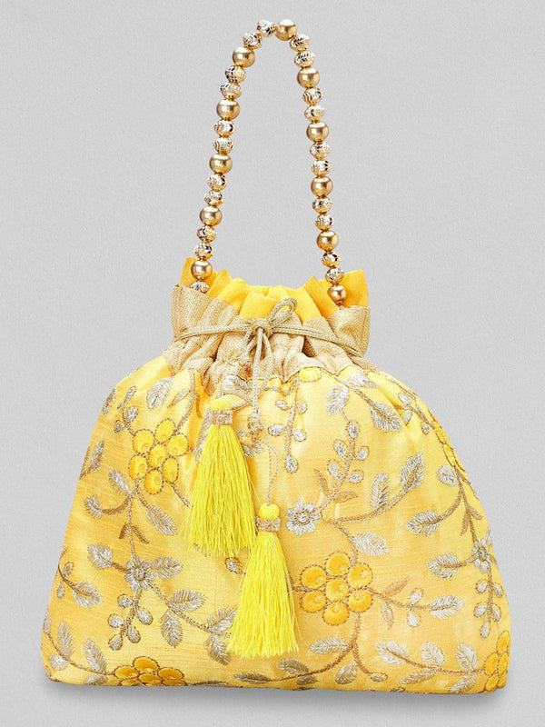 Rubans Yellow Embroidered Potli Bag - Indiakreations