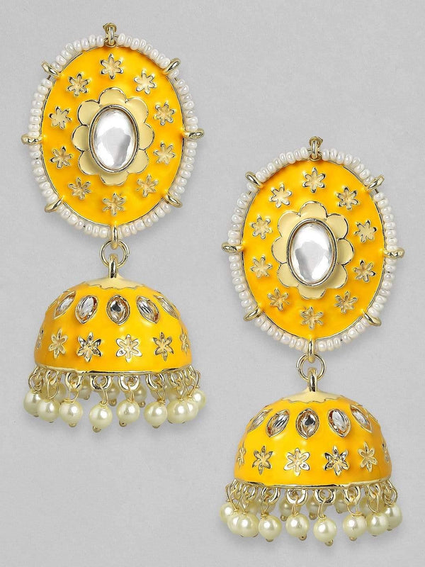 Rubans Yellow Enamel & Kundan Handcrafted Gold Plated Jhumka Earrings - Indiakreations