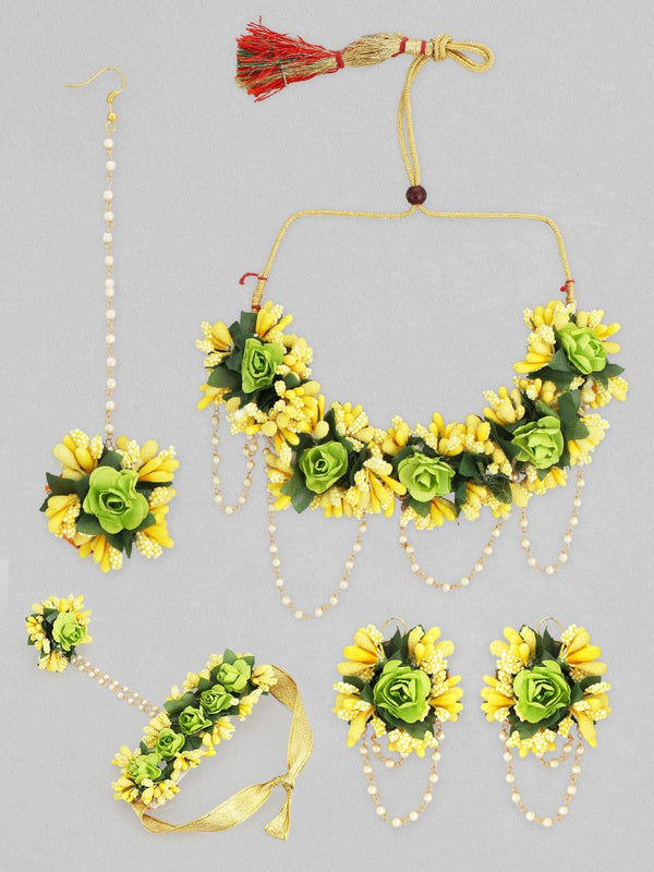 Rubans Yellow & Green Floral Haldi Wedding Necklace Jewellery Set - Indiakreations