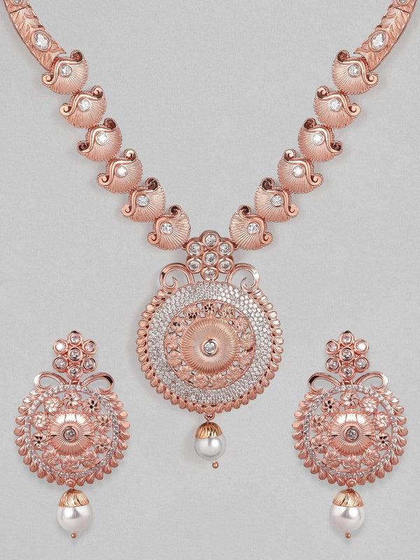Rubans Zircon Studded Filigree Handcrafted Rose Gold Plated Statement Necklace Set