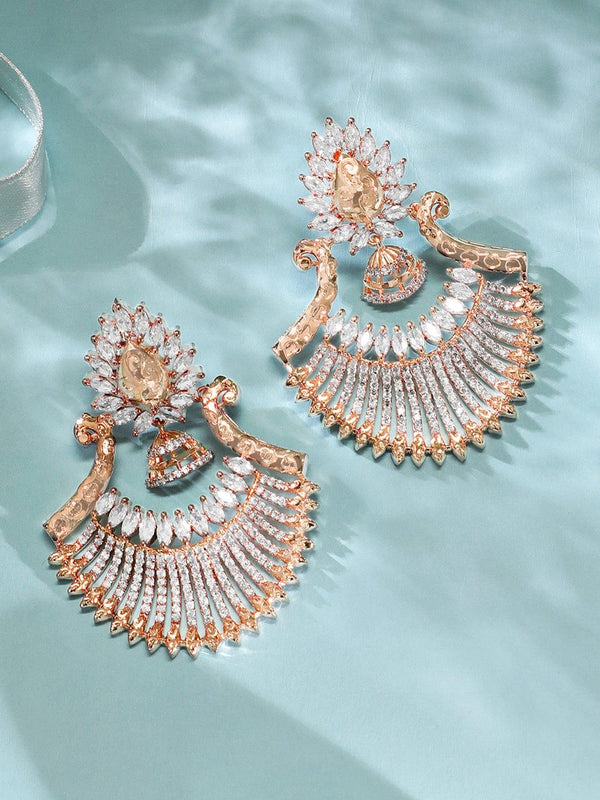 Rubans Zircon Studded Handcrafted Rose Gold Plated Chandbali Earrings - Indiakreations