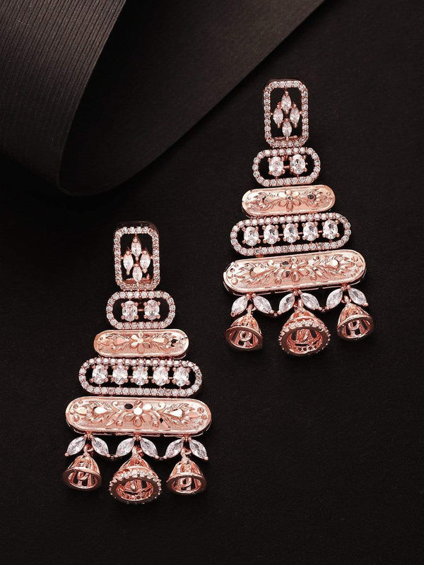 Rubans Zircon Studded Handcrafted Rose Gold Plated Filligree Multi Jhumka Drop Earrings