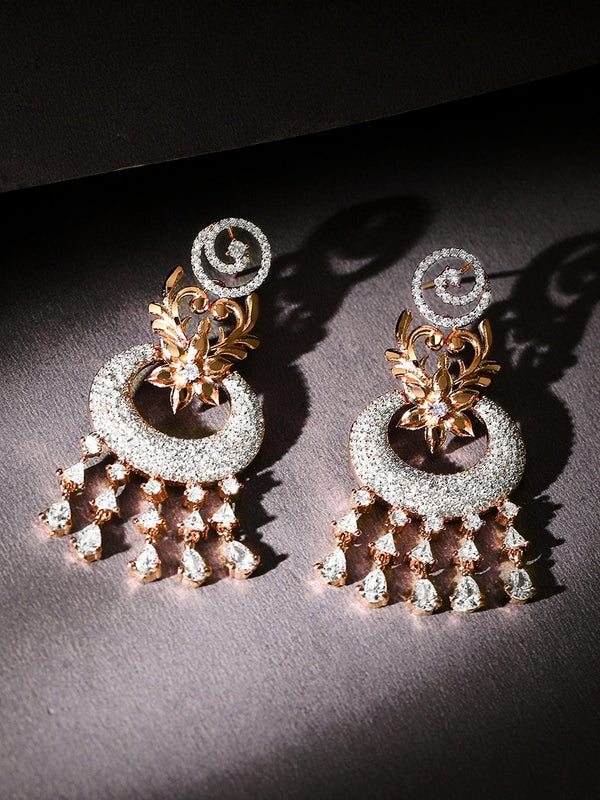 Rubans Zircon Studded Handcrafted Rose Gold Plated Floral Chandbali Earrings
