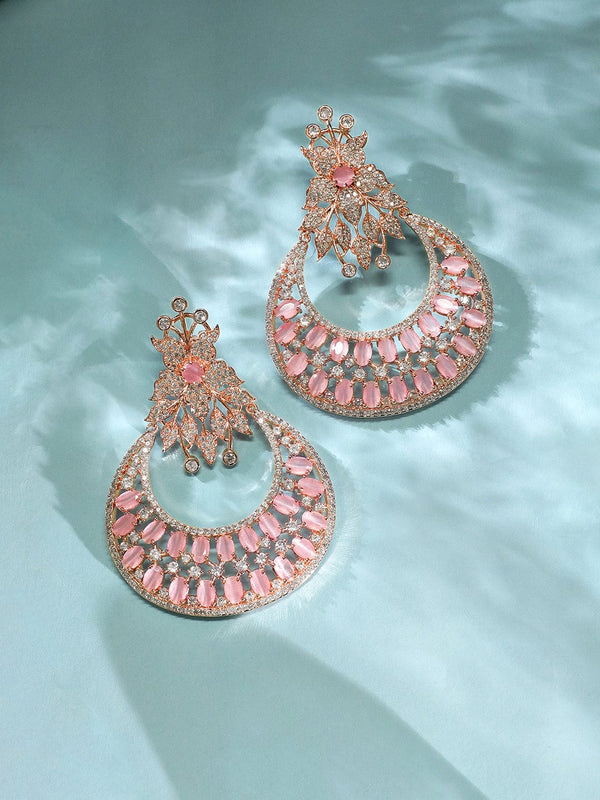 Rubans Zircon Studded Handcrafted Rose Gold Plated Floral Statement Chandbali Earrings