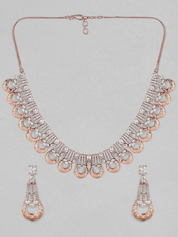 Rubans Zircon Studded Handcrafted Rose Gold Plated Statement Necklace Set