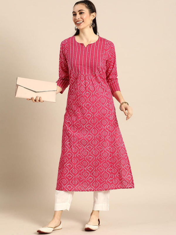 Pink & White Bandhani Printed Kurta - Indiakreations