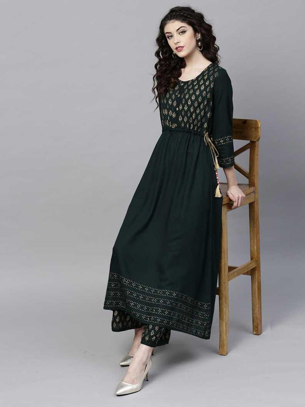 Women Green Rayon Anarkali Kurta with Palazzo by Ishin (2pcs Set) - Indiakreations