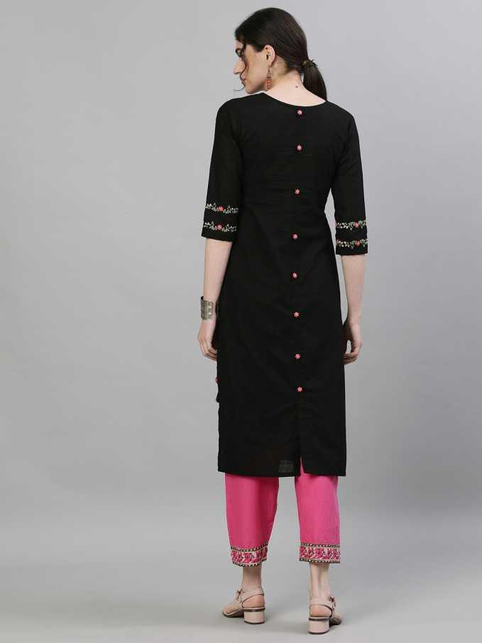 Women Black Cotton Straight Kurta by Ishin (1pc) - Indiakreations