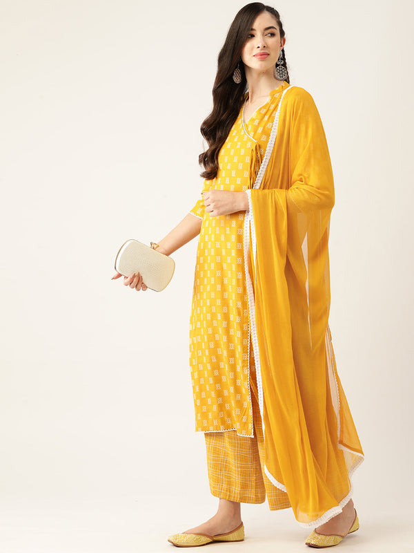 Women's Mustard Color Rayon Blend Printed Kurta Palazzo With Dupatta - VAABA