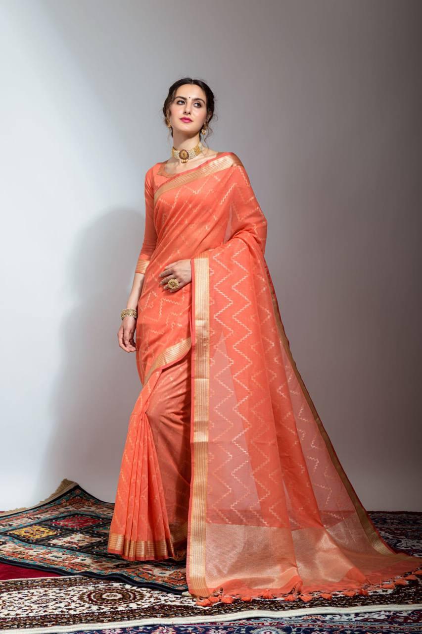 Salmon Orange Chevron Linen Silk Saree - Indiakreations