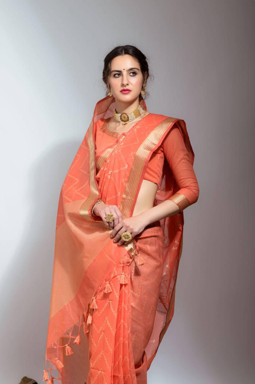 Salmon Orange Chevron Linen Silk Saree - Indiakreations