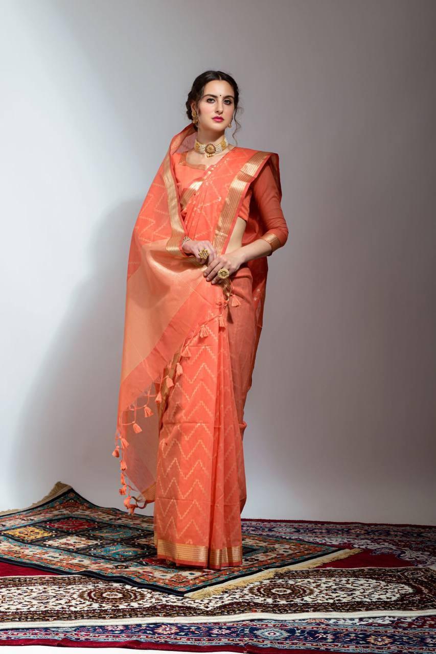 Salmon Orange Chevron Linen Silk Saree - Indiakreations