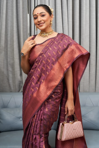 Women's Lavender Banarasi Silk Copper Zari Woven Saree - TASARIKA