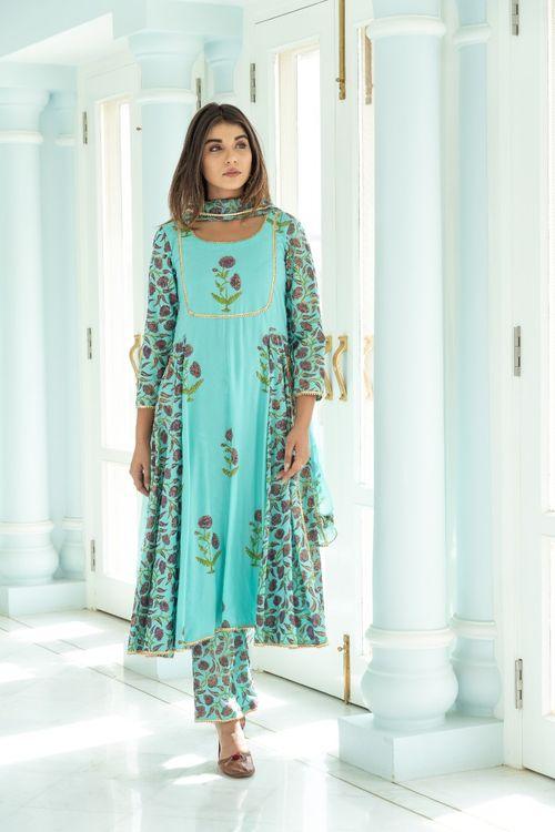 Turquoise Anarkali Suit Set - Indiakreations