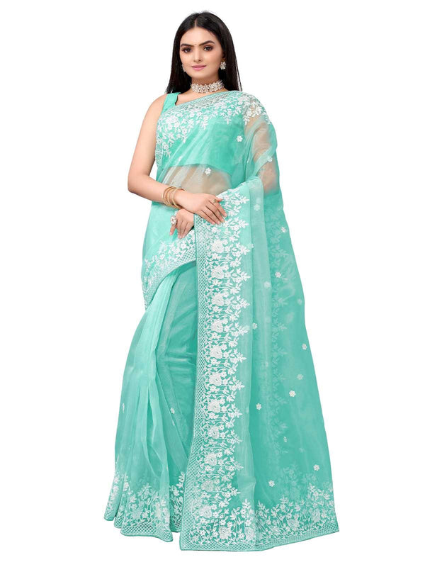 Women's Sea Green Organza Embroidered Saree With Blouse - Odette