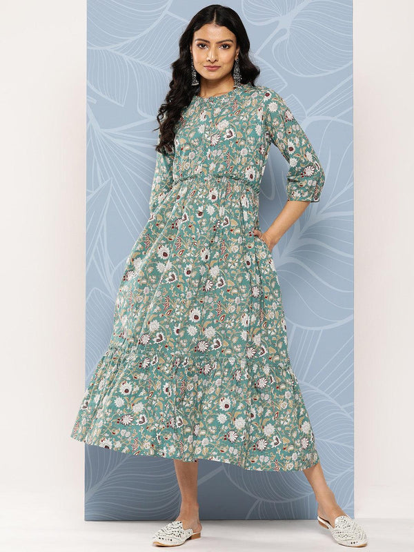 Sea Green Printed Cotton Fit and Flare Dress