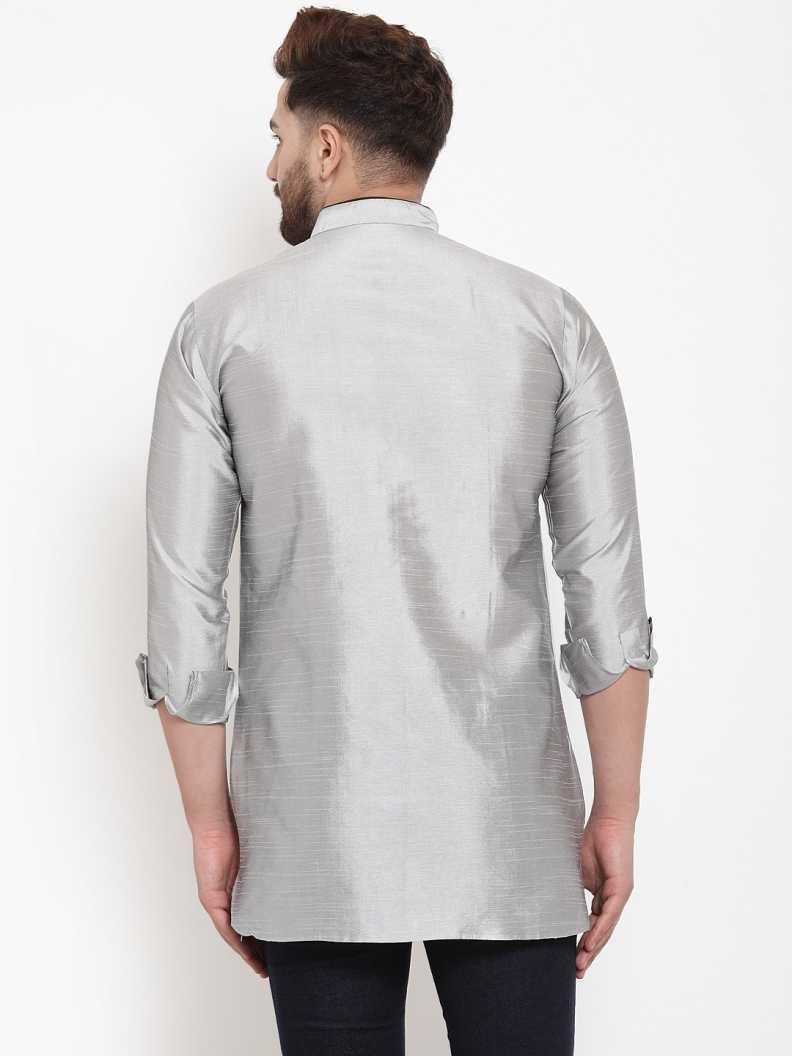 Men's Silk Blend Grey Asymmetrica Short Kurta - Benstoke - Indiakreations