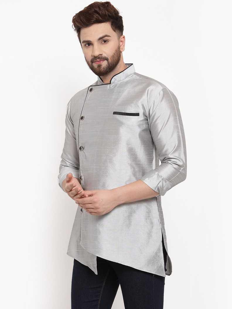 Men's Silk Blend Grey Asymmetrica Short Kurta - Benstoke - Indiakreations