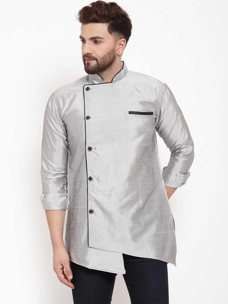 Men's Silk Blend Grey Asymmetrica Short Kurta - Benstoke - Indiakreations