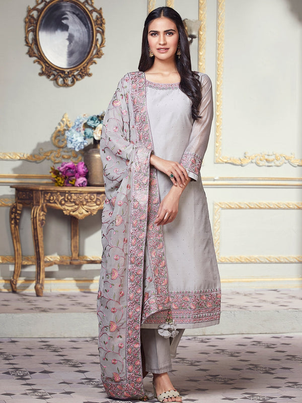 Women Plain and Basic Grey Pant Kurta Set Paired with Heavy Threadwork Chevron