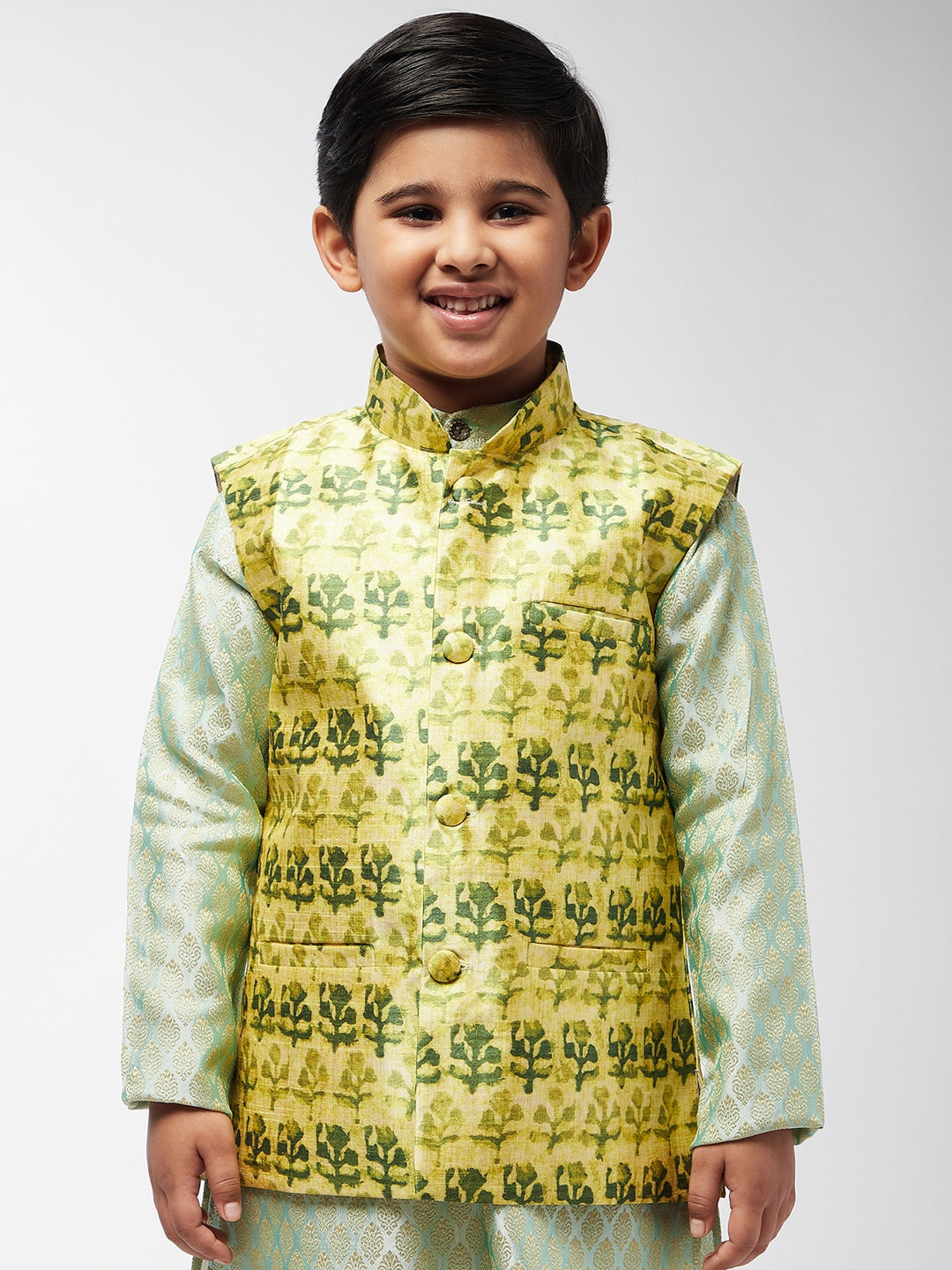 Kid's Silk Blend Lime Green Printed ONLY Nehrujacket - Sojanya KID