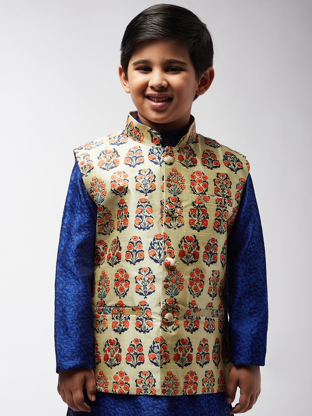 Kid's Silk Blend Lime Green Printed ONLY Nehrujacket - Sojanya KID