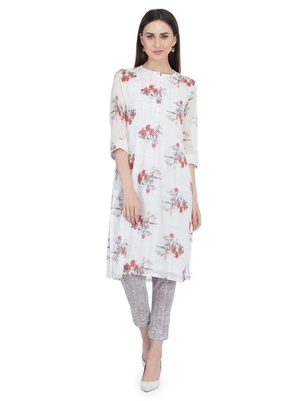 Women's White Straight Printed Kurta With Pants (Set of 2) - BIBA - Indiakreations