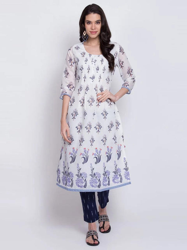 Women's White Floral Kurta With Pants (Set of 2) - BIBA - Indiakreations