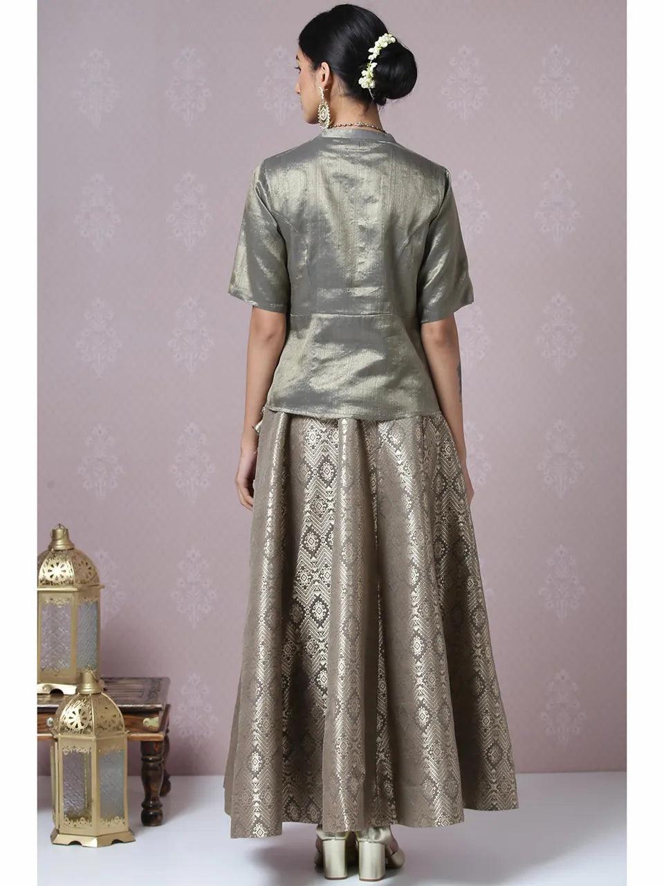 Women's Brown Metallic Cotton Kurta and Lehenga (Set of 2) - BIBA - Indiakreations