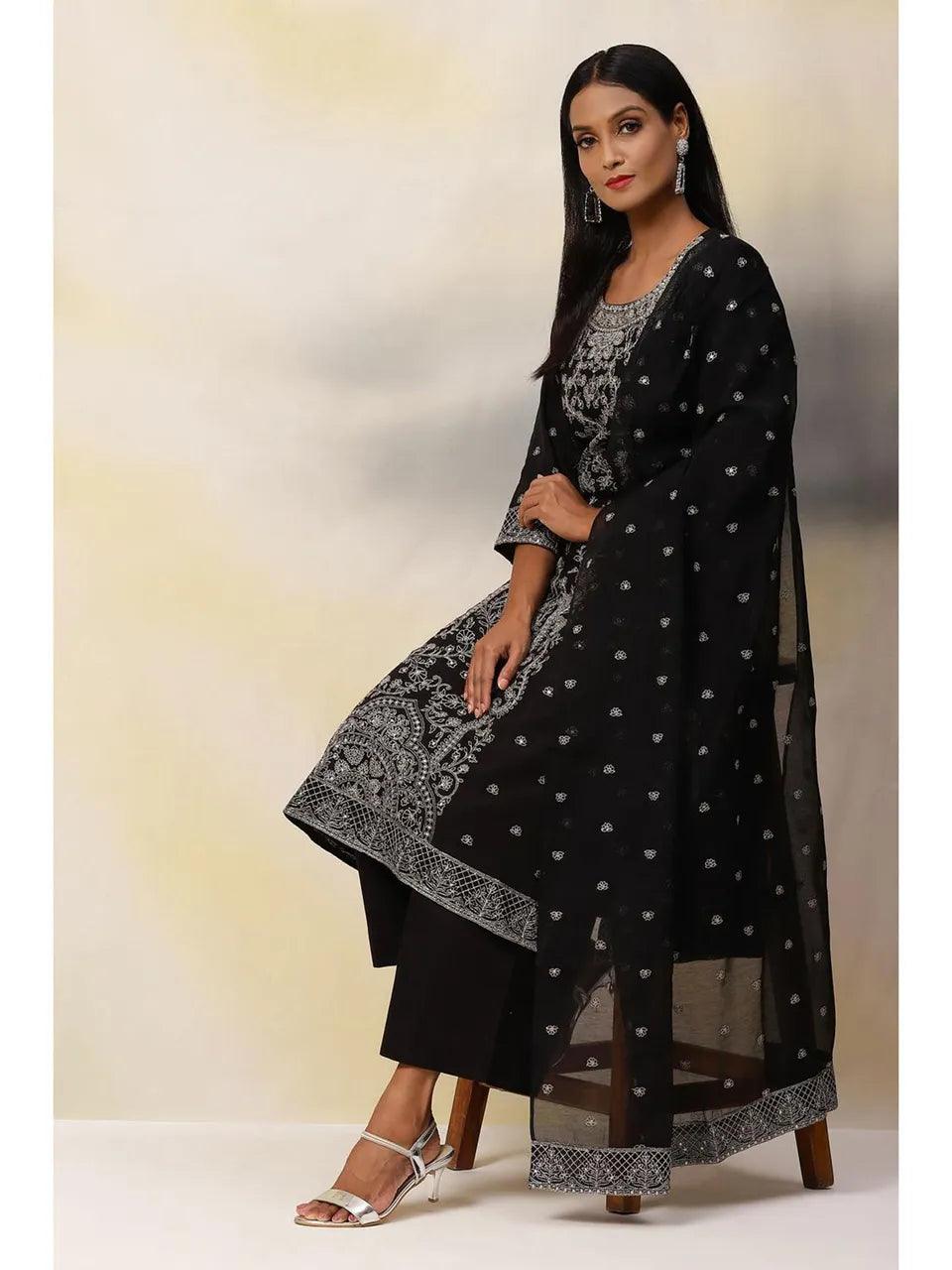 Women's Black Art Silk Straight Suit (Set of 3) - BIBA - Indiakreations