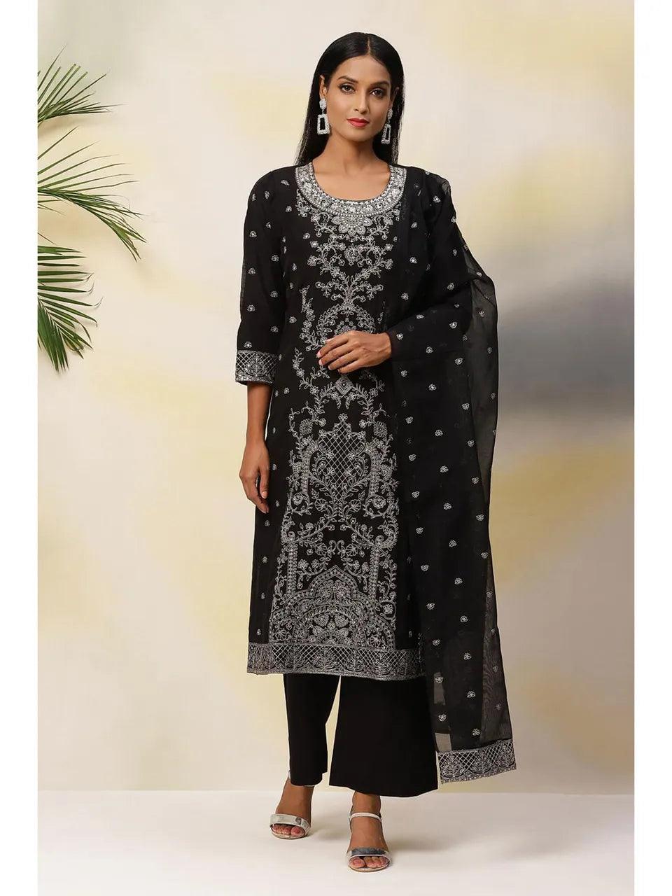 Women's Black Art Silk Straight Suit (Set of 3) - BIBA - Indiakreations