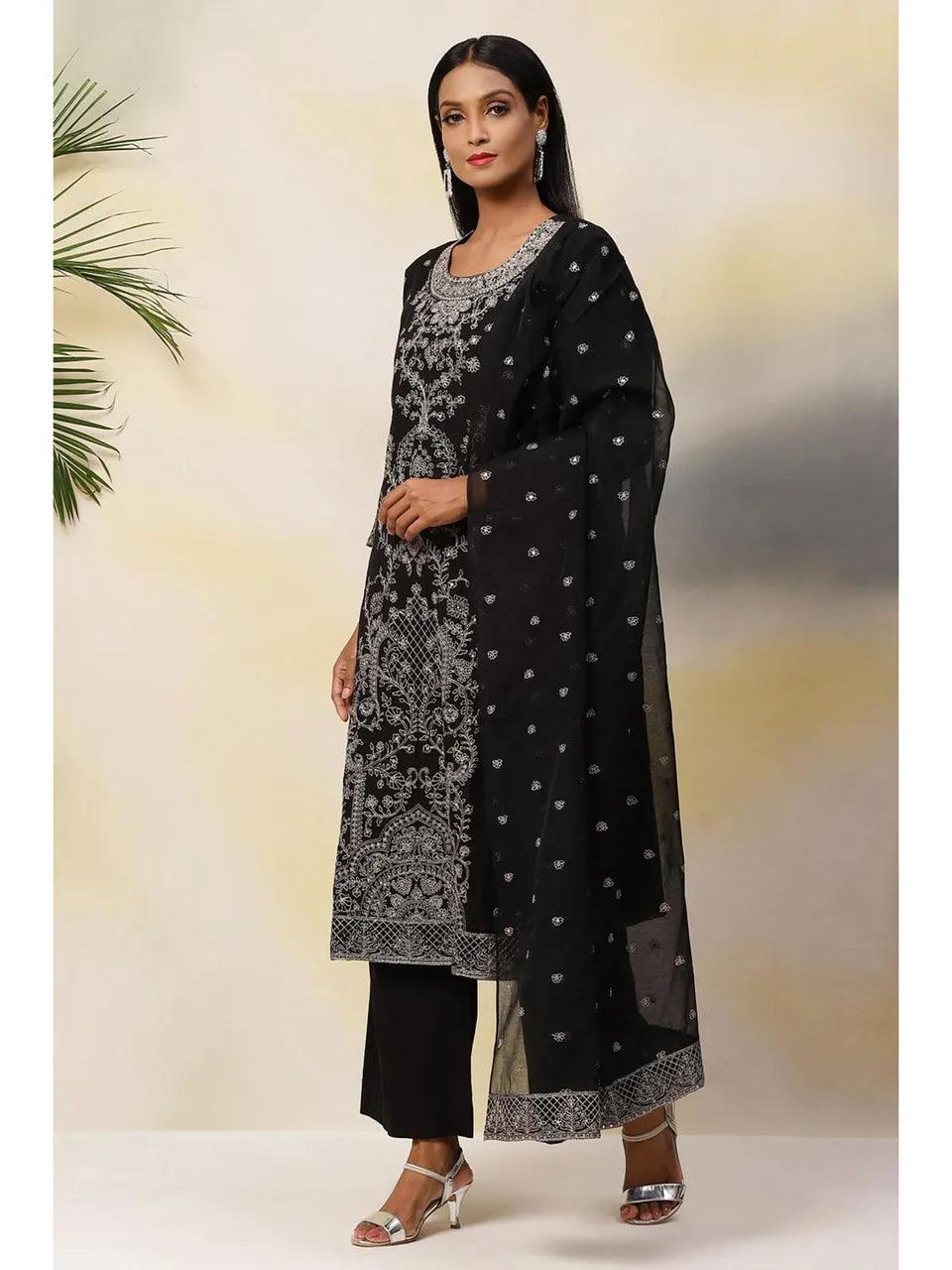 Women's Black Art Silk Straight Suit (Set of 3) - BIBA - Indiakreations